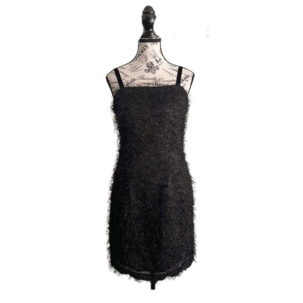 🇨🇦 Vintage 90s Black Hairy Avant garde Textured Mini Dress Soft Goth Party